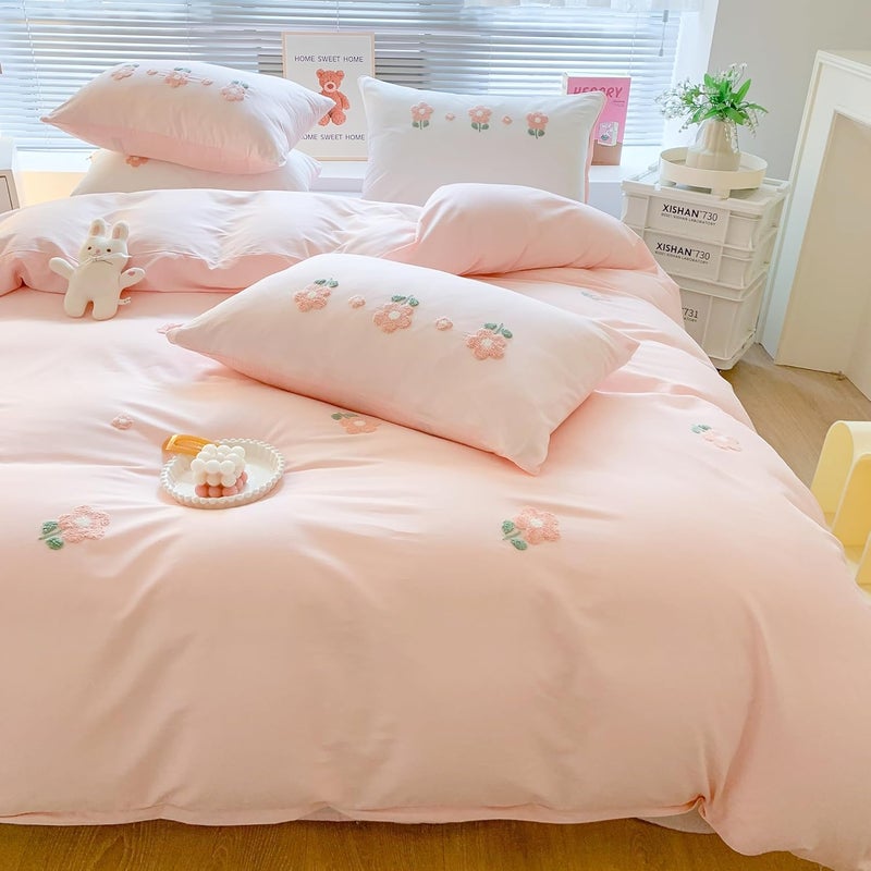 MorroMorn Cotton Duvet Cover Queen Size, 3D Embroidery Queen Bedding Sets Pink Bed Set, Cute Chenille Embroidered Comforter Covers Soft Breathable for Girls Boys Kids Teen (Flowers Pink, Full/Queen) - Image 1